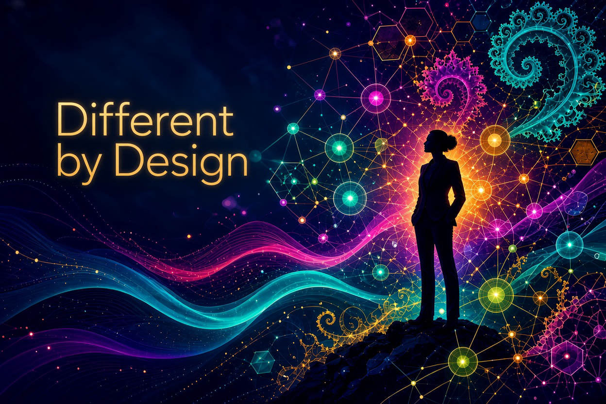 Different by Design artwork showing a person surrounded by vivid interconnected patterns